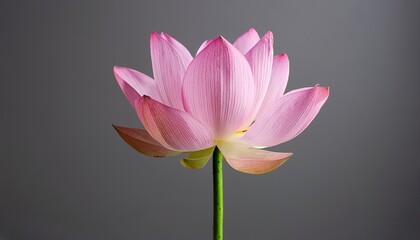 a single lotus flower with pink petals and a green stem on gray