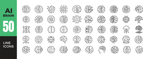 AI Brain Icon Set. 50 Line Style Neural Network And Artificial Intelligence Symbols Vector.
