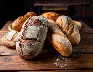 freshly baked artisan bread loaves on wooden table display