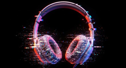 Headphones digital glitch effect against black background