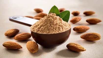 scoop of plant based protein powder with fresh almonds