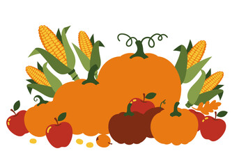 Vivid illustration showcases autumn harvest bounty pumpkins apples and corn with husks
