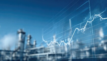 Industrial data visualization, showing a fluctuating graph superimposed on a blurred factory landscape