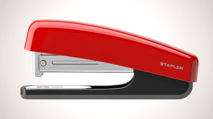 The body is made of polished red metal with a glossy finish. The stapler features a curved, ergonomic design with a black plastic base plate.