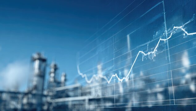 Industrial data visualization, showing a fluctuating graph superimposed on a blurred factory landscape