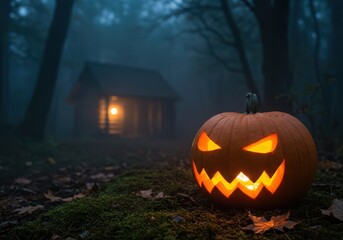 Obraz premium Scary pumpkin glows in a dark forest