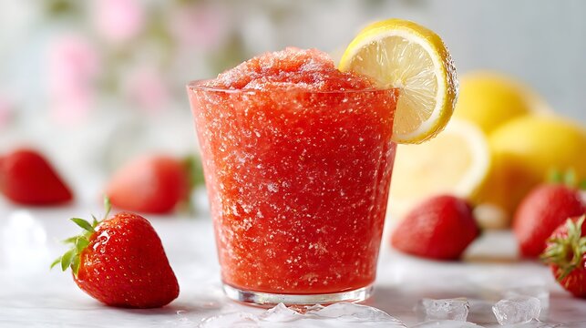Strawberry slush in clear cup with lemon slice on bright background and soft natural light