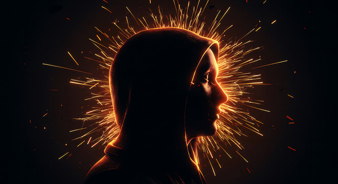Conceptual image of a mental breakthrough, featuring a person's silhouette with an exploding aura of creative energy