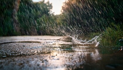 heavy rainstorm water splashing on ground rich jewel tones humorous timeless adventure