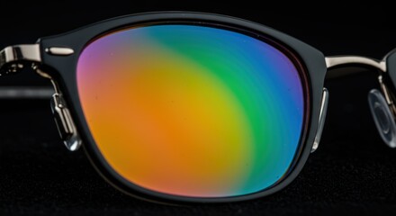 Striking macro of premium eyeglasses lens with iridescent AR coating prism effect—precision optics image perfect for eyewear catalogs, optometry clinics and technology blogs.