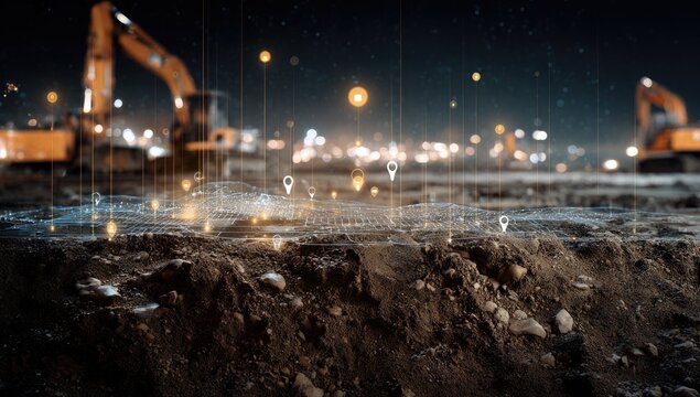 Night construction site with overlayed digital data