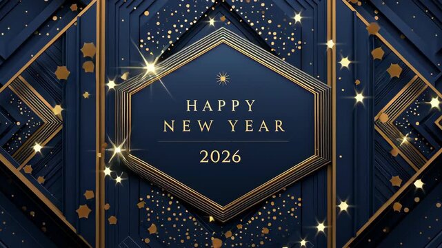 Elegant dark blue and gold Happy New Year 2026 card animation with geometric hexagon frame, perfect for luxury brand greetings, digital banners, and festive intros, 4K, motion.