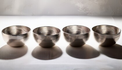 row of four silver metallic bowls placed on a textured layered white surface creating an artistic and serene composition