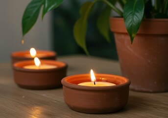 Burning candles in terracotta pots with plant