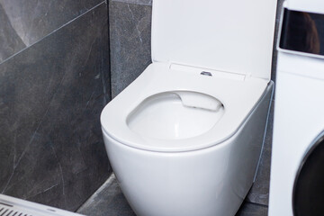 A white toilet is in a bathroom next to a washing machine
