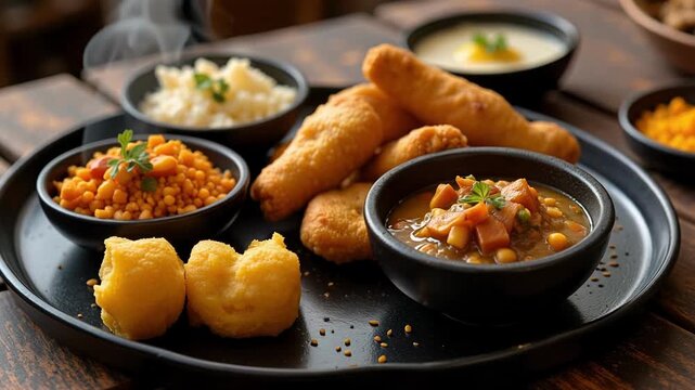 Vibrant Gujarati Thali Feast: Enjoy Khandvi, Undhiyu, and Farsan with Soft Glow and Steam for Authentic Indian Cuisine Celebration