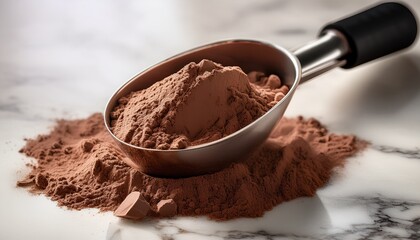chocolate protein powder in scoop on marble counter