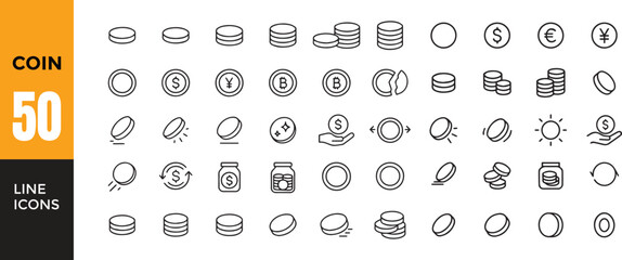 50 coin line icon set. Minimal currency, crypto, dollar, euro, money stack, finance, and savings vector set for web, app, and Infographic design.