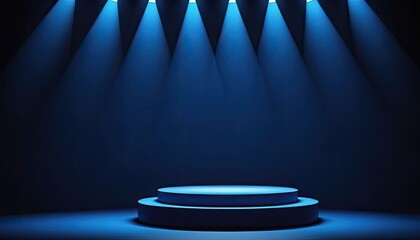 Abstract Dark Blue Podium Stage With Illuminated Lights 3d Rendered Scene For Product Display Background. 1