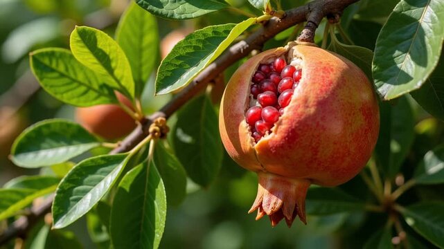 Ripe Pomegranate Bursting with Flavor on the Branch in Golden Sunlight, A Taste of Autumn's Bounty and Healthy Living, Close-Up Video