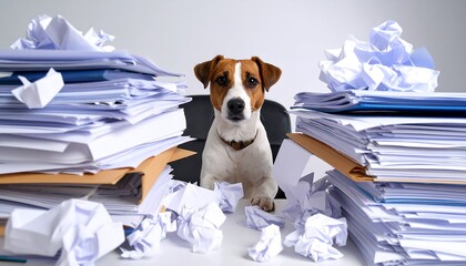 Dog surrounded by piles of crumpled and stacked papers