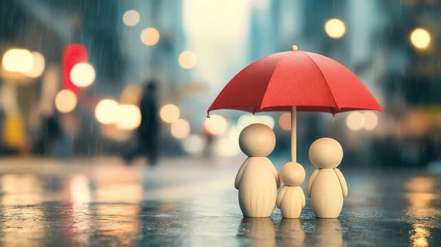 Wooden human family figures under red umbrella in the rain on city street background. Life and health insurance concept