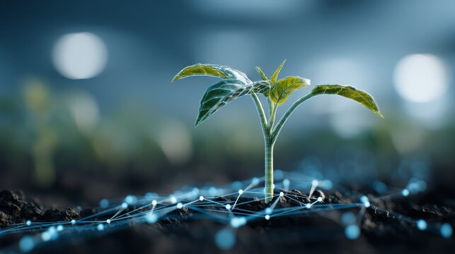 A young green plant seedling grows from soil, connected to a glowing digital network symbolizing technology and growth.