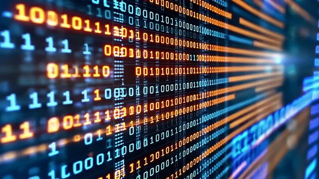 Abstract digital background with binary code representing technology and data flow in a futuristic setting