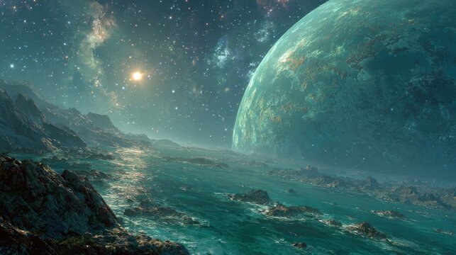 Liquid teal exoplanetary sea, alien aquatic environment for astrobiology visualization, sci-fi background.