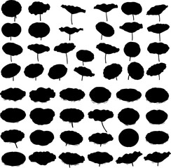 Collection of forty black silhouettes of geranium leaves and flowers.