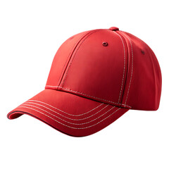A plain red baseball cap with white stitching on a black background