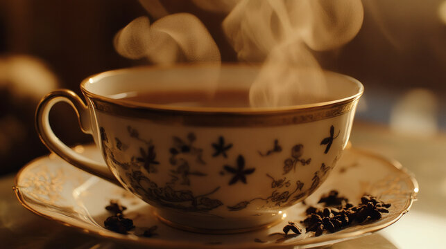Ornate teacup with steam rising.