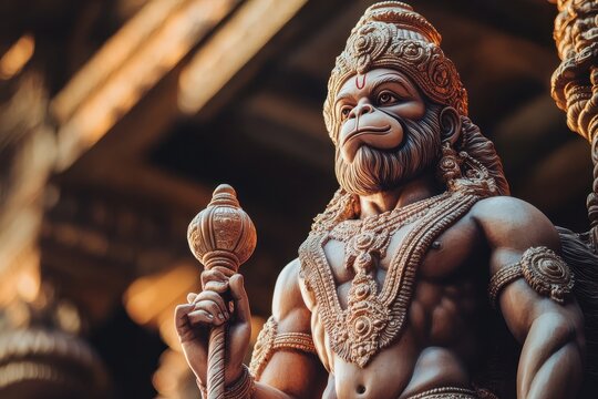 Hanuman Jayanti statue standing majestically with mace in hand, Majestic statue of Hanuman holding a mace