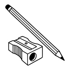 Black and White Line Art of Pencil and Sharpener &ndash; Minimalist School Supply Illustration