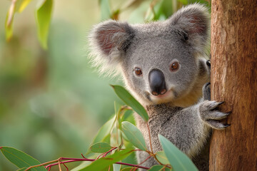 Koala clinging to eucalyptus tree