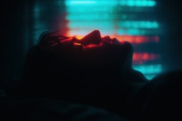 Low-Angle Portrait of a Woman Illuminated by Neon Lights, Red and Teal, Moody, Dark, Silhouette, Sci-fi Aesthetics