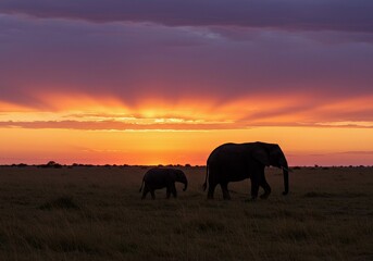 Naklejka premium Silhouette of Elephant Mother and Calf Walking at Sunset on Safari