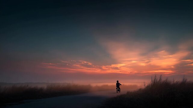 夕暮れの霧立つ草原小径で自転車に乗る子供のシルエット