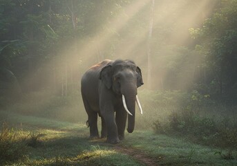 Majestic Asian Elephant Walking Through Misty Forest Sunbeams
