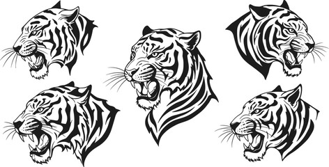Roaring tiger head vector set, aggressive wild cat illustration bundle, fierce jungle predator clipart, tattoo-style tiger graphics