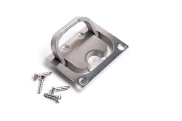 Concealed metal handle in open position with screws for mounting on white background.