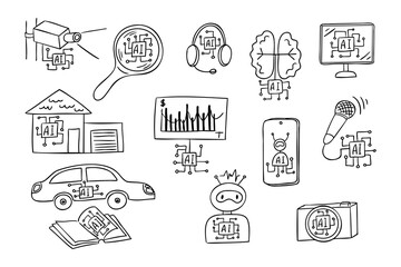 Hand drawn vector doodle set showing artificial intelligence integration in daily devices and technologies. Concept of AI in everyday life, automation, innovation and smart technology interface