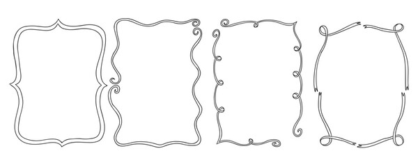 Set of hand drawn doodle frames with curly and ribbon elements in black outline on white background. Concept of decorative border design, whimsical frame template and creative vintage ornament