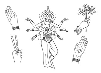 Hand drawn vector illustration of Indian goddess with multiple arms and symbolic hand gestures holding lotus and dandiya sticks. Concept of Navratri celebration, divine feminine energy, spirituality
