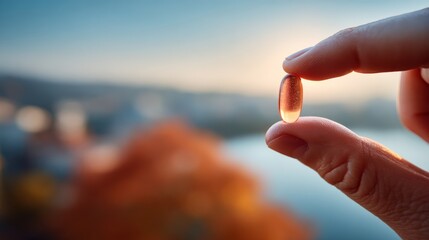 A close-up of a hand holding a translucent red capsule pill against a blurred outdoor background.