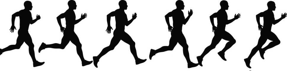 Running man silhouette sequence, jogging animation frames, athletic runner vector set, sports motion illustration, sprinting man black outline