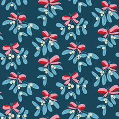 Hand drawn vector seamless pattern of mistletoe branches with red bows and berries on dark blue background. Concept of Christmas decoration, holiday romance and festive botanical tradition