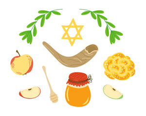 Hand drawn vector set of Rosh Hashanah symbols including shofar, honey, apple, challah, Star of David and leaves. Concept of Jewish New Year celebration, tradition, and spiritual holiday elements