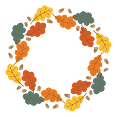 Hand drawn vector wreath made of colorful oak leaves and acorns forming a circular frame on white background. Concept of autumn decoration, fall season nature design and rustic botanical ornament