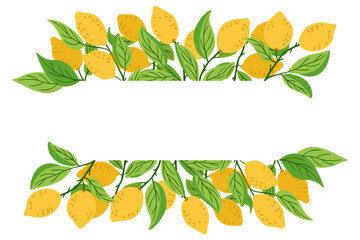 Hand drawn vector banner with vibrant yellow lemons and lush green leaves arranged in top and bottom borders. Concept of fresh citrus fruit, organic summer decoration and natural frame design